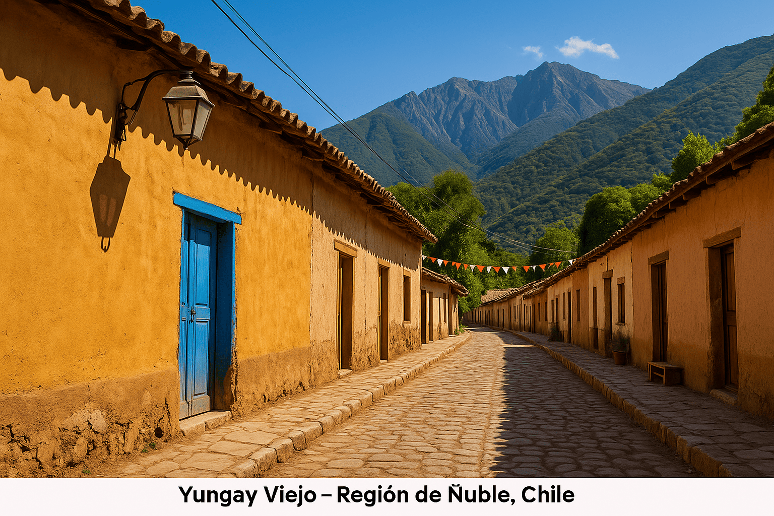 Yungay Viejo, Región de Ñuble, Chile, mostrando sus calles empedradas, casas patrimoniales y entorno natural, ideal para promover turismo rural y pueblos bonitos de Chile.
